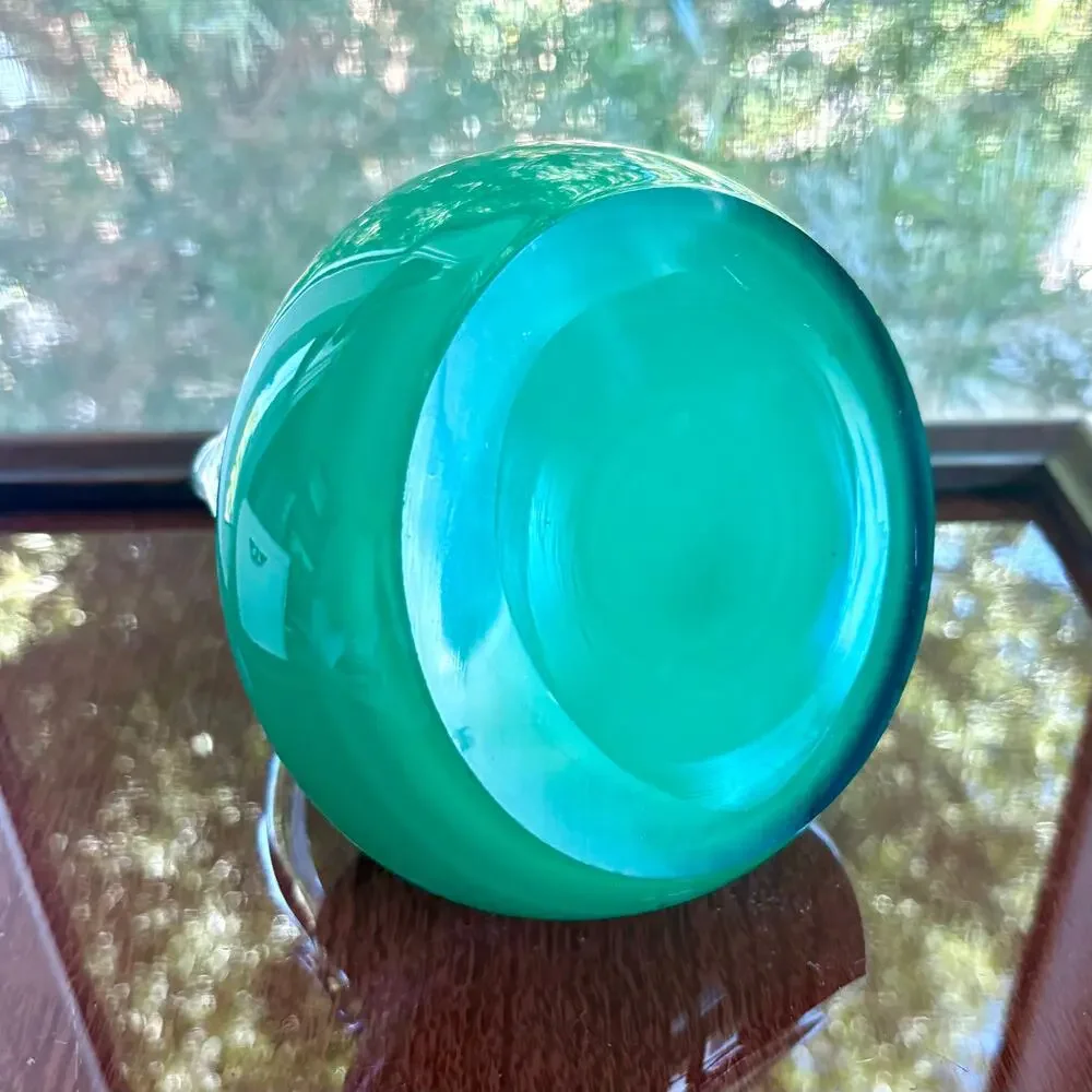 Vintage Polish Green Cased Glass Basket White Interior 7 Inch Vase